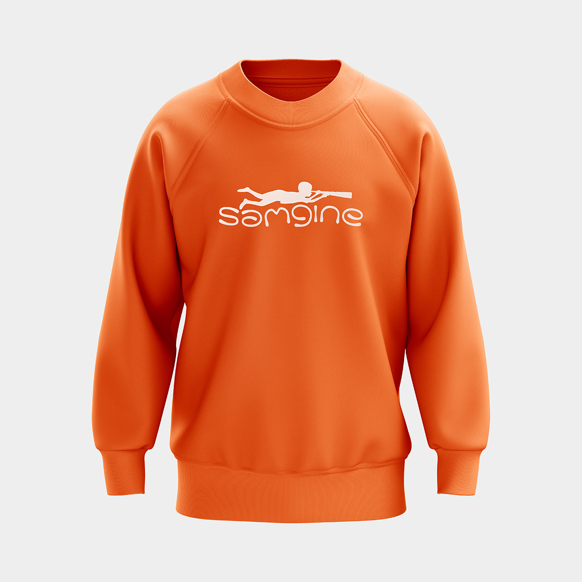 Samgine logo on an orange sweatshirt
